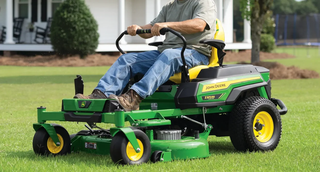 Lawn mower mowing residential front yard